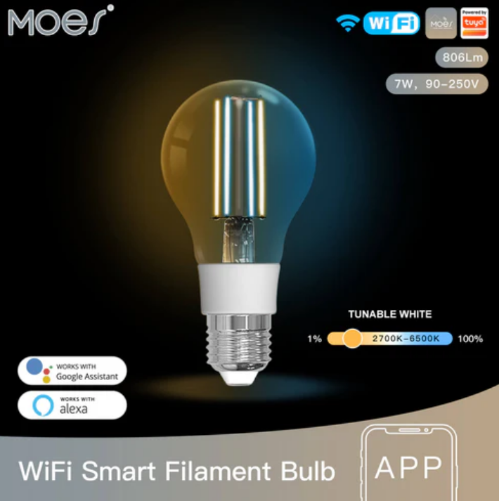 Moes Filament Lamp WIFI LED E27 Dimbaar 2700K-6500K 7W impressie